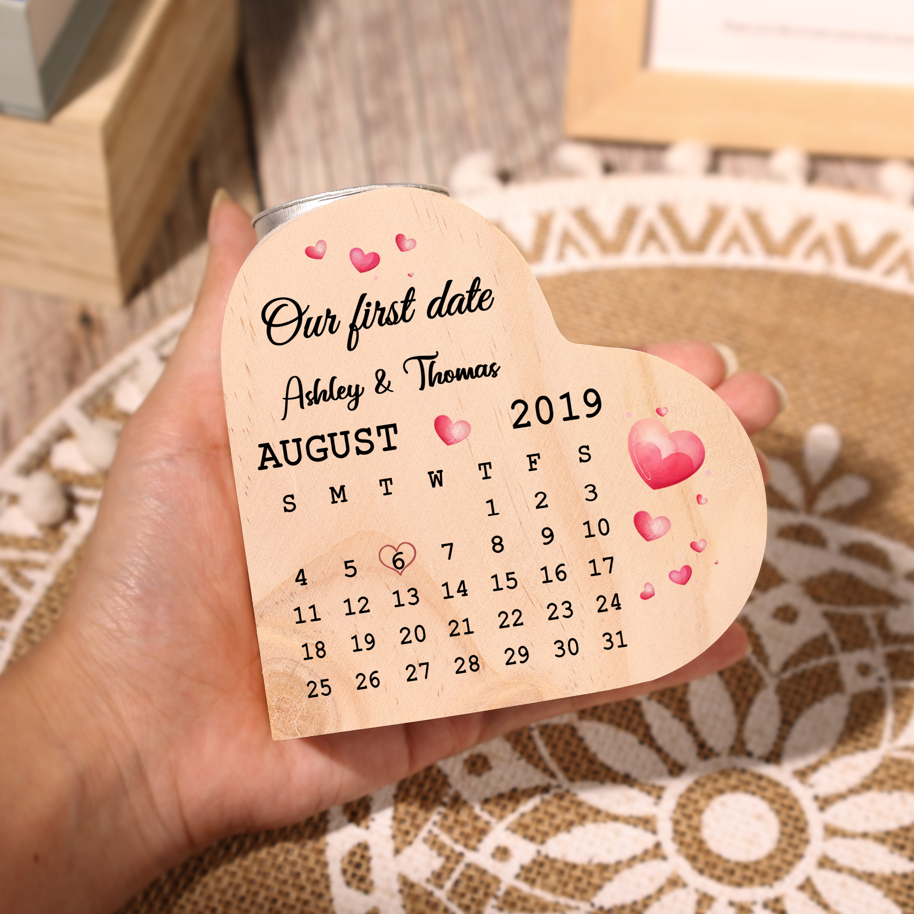 Wooden Couple Candle Holder Custom 2 Names & Date & Text Candlesticks Calendar Valentine's Day Gifts for Wife/Girlfriend-Jessemade AU