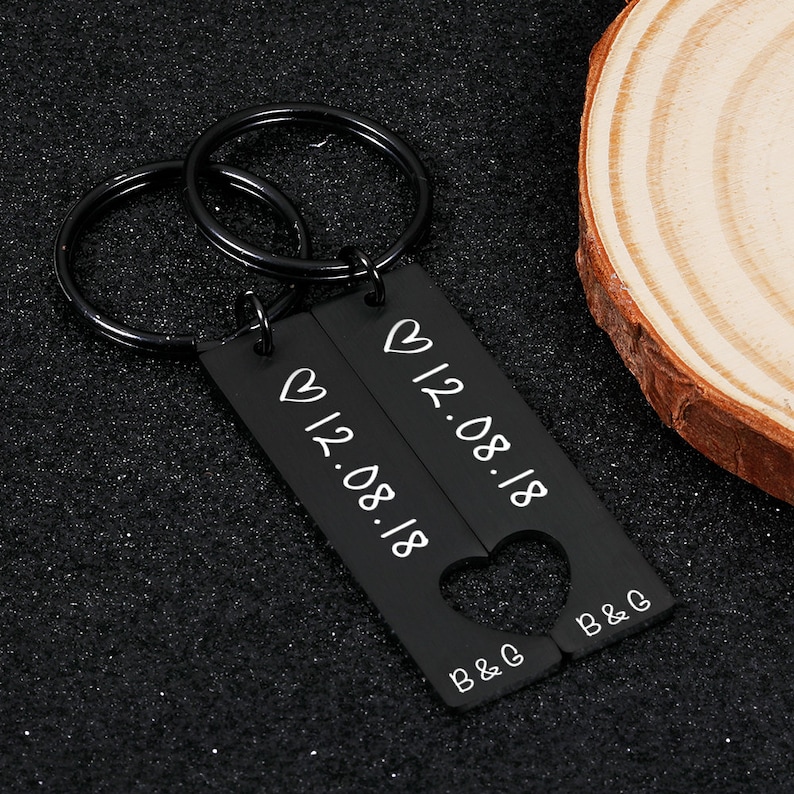 To My Man/My Love Heart Keychain Set Personalised Date Initial Keyring Matching Couple Gifts-Jessemade AU