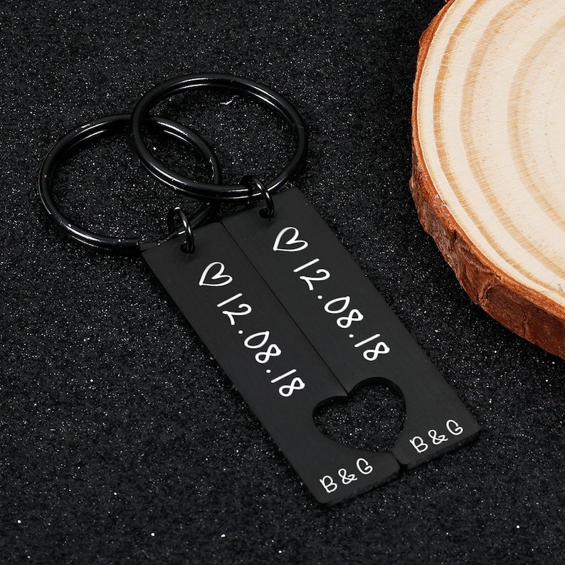 To My Man/My Love Heart Keychain Set Personalised Date Initial Keyring Matching Couple Gifts-Jessemade AU