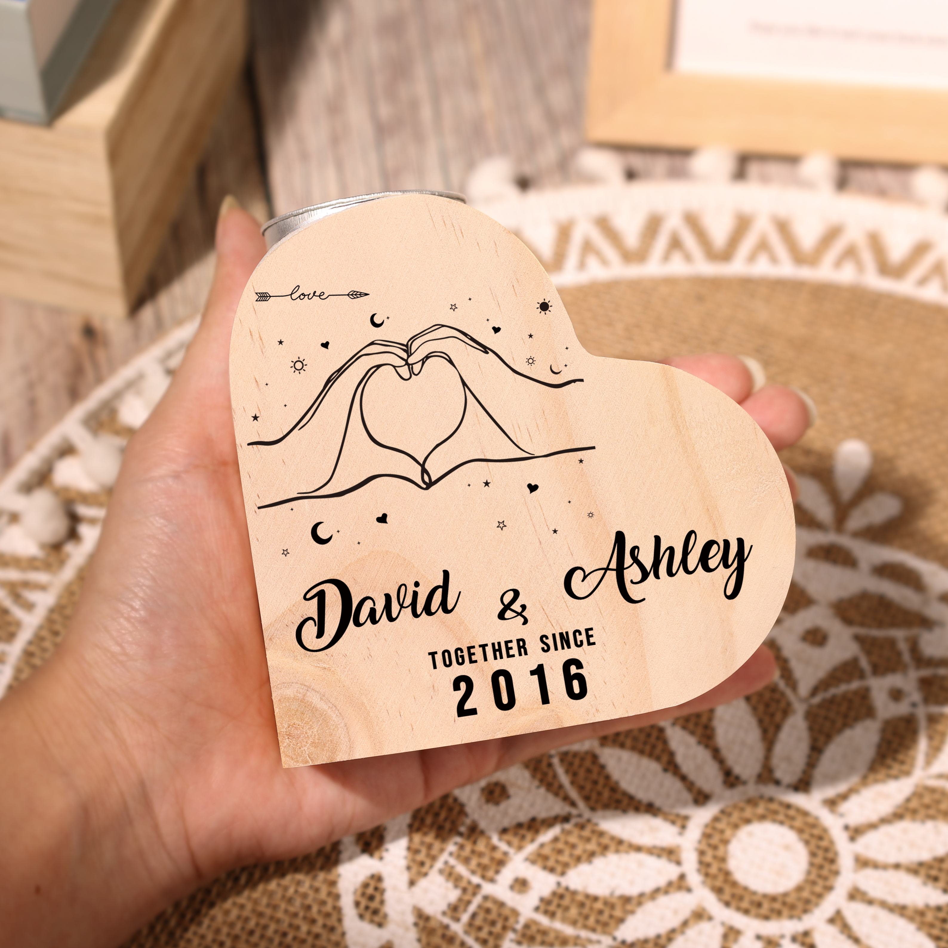 Personalised Couple Candle Holder Custom 2 Names & Text & Year Wooden Candlesticks Valentine's Day Romantic Gifts-Jessemade AU