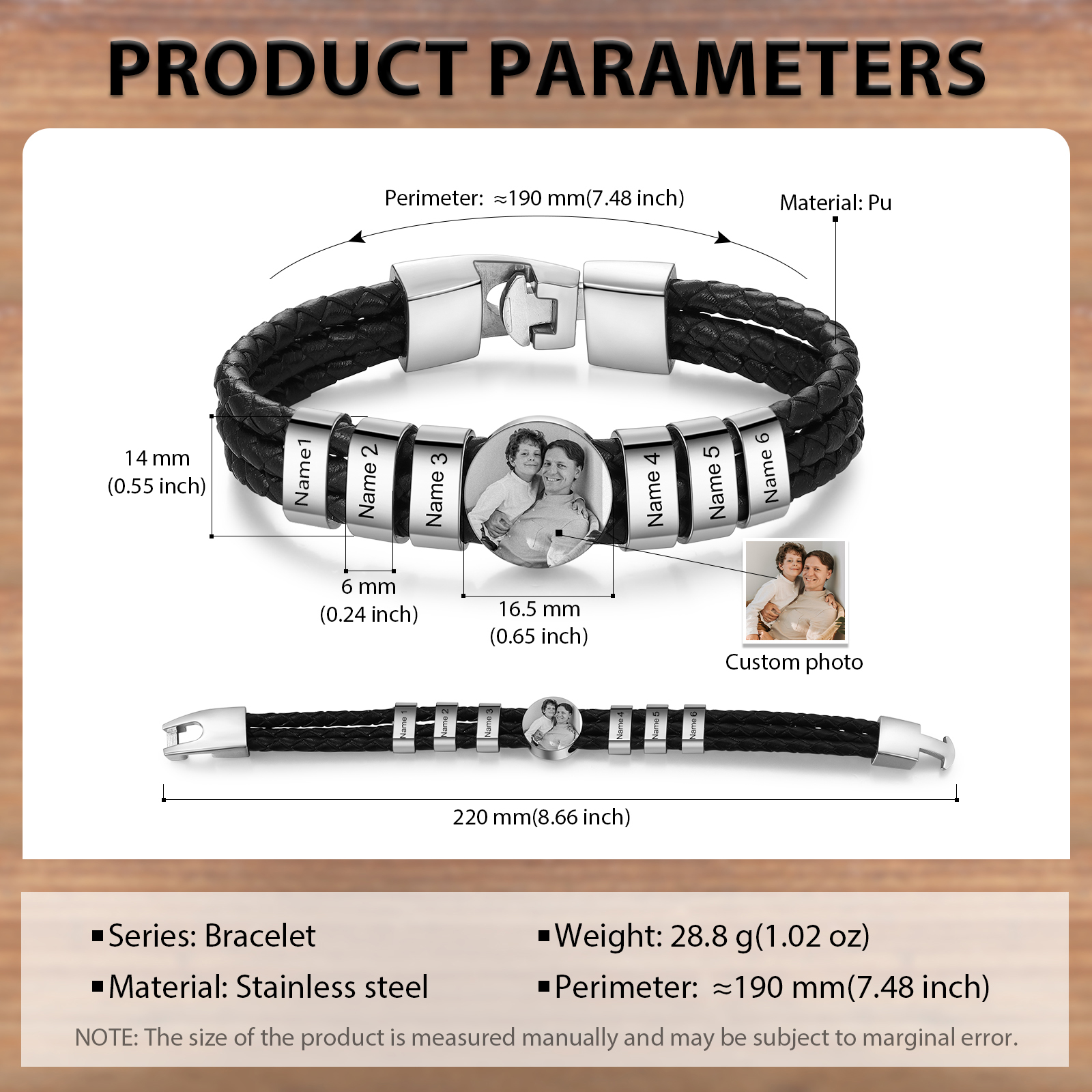 Personalised Men's Leather Bracelet Custom 6 Names & 1 Photo Braided Bracelet Father's Day Gifts for Him-Jessemade AU