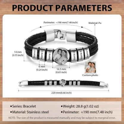 Personalised Men's Leather Bracelet Custom 6 Names & 1 Photo Braided Bracelet Father's Day Gifts for Him-Jessemade AU