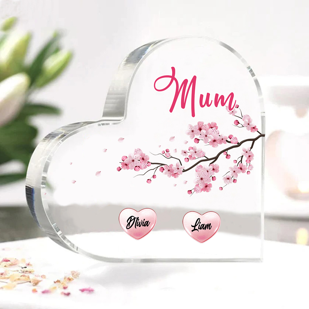 2 Names - Personalised Acrylic Heart Keepsake Custom Text Peach Blossom Ornaments Gifts for Grandma/Mother-Jessemade AU