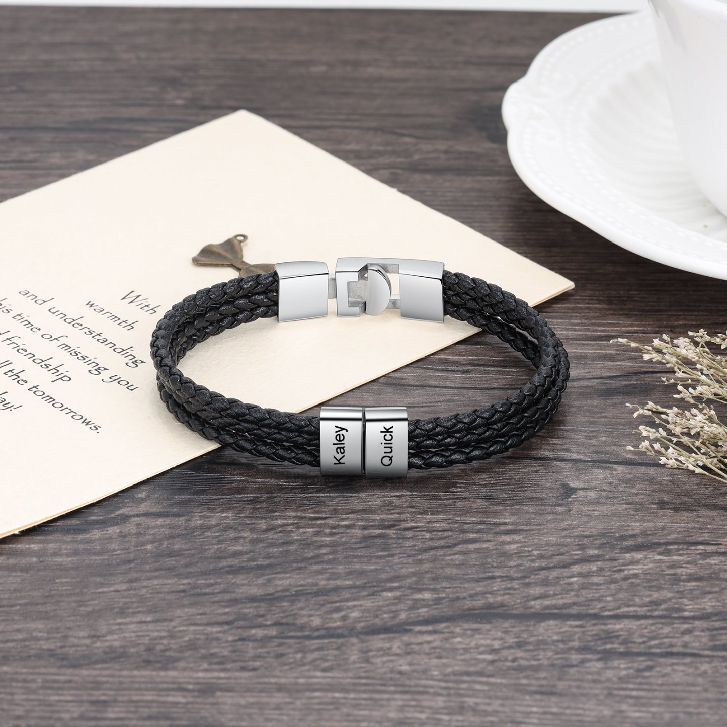 Personalised Braided Leather Bracelet Engraved 2 Names Men's Bracelet Gifts For Him-Jessemade AU