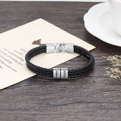 Personalised Braided Leather Bracelet Engraved 2 Names Men's Bracelet Gifts For Him-Jessemade AU