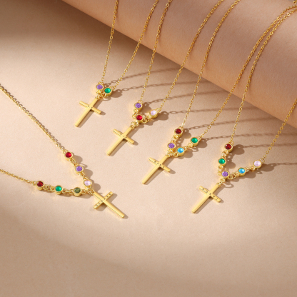 Personalised Cross Pendant Necklace Custom 5 Birthstones & 1 Text Necklace Birthday Gift for Her-Jessemade AU