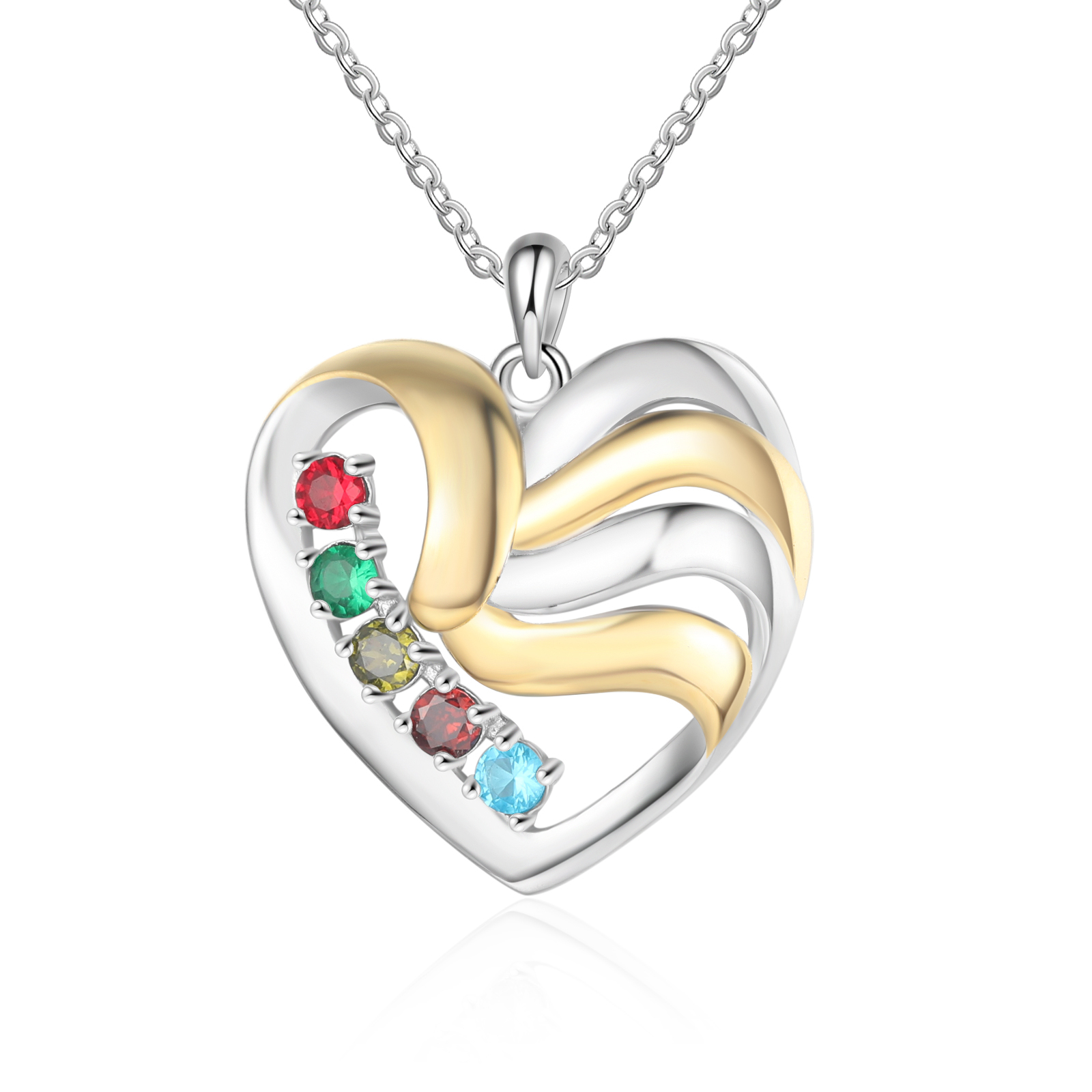 Personalised Heart Necklace with 5 Birthstones Engrave Names Family Necklace for Mom-Jessemade AU