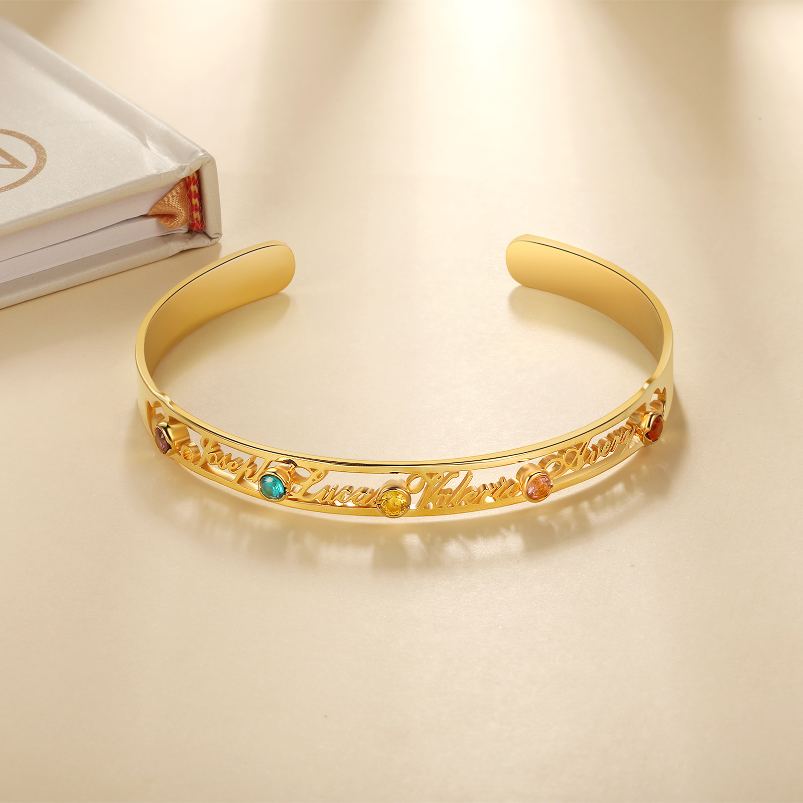 Personalised Adjustable Half-Open Bracelet With Birthstone Custom Family Name Bracelet Engraved 4 Names Women's Bracelet-Jessemade AU