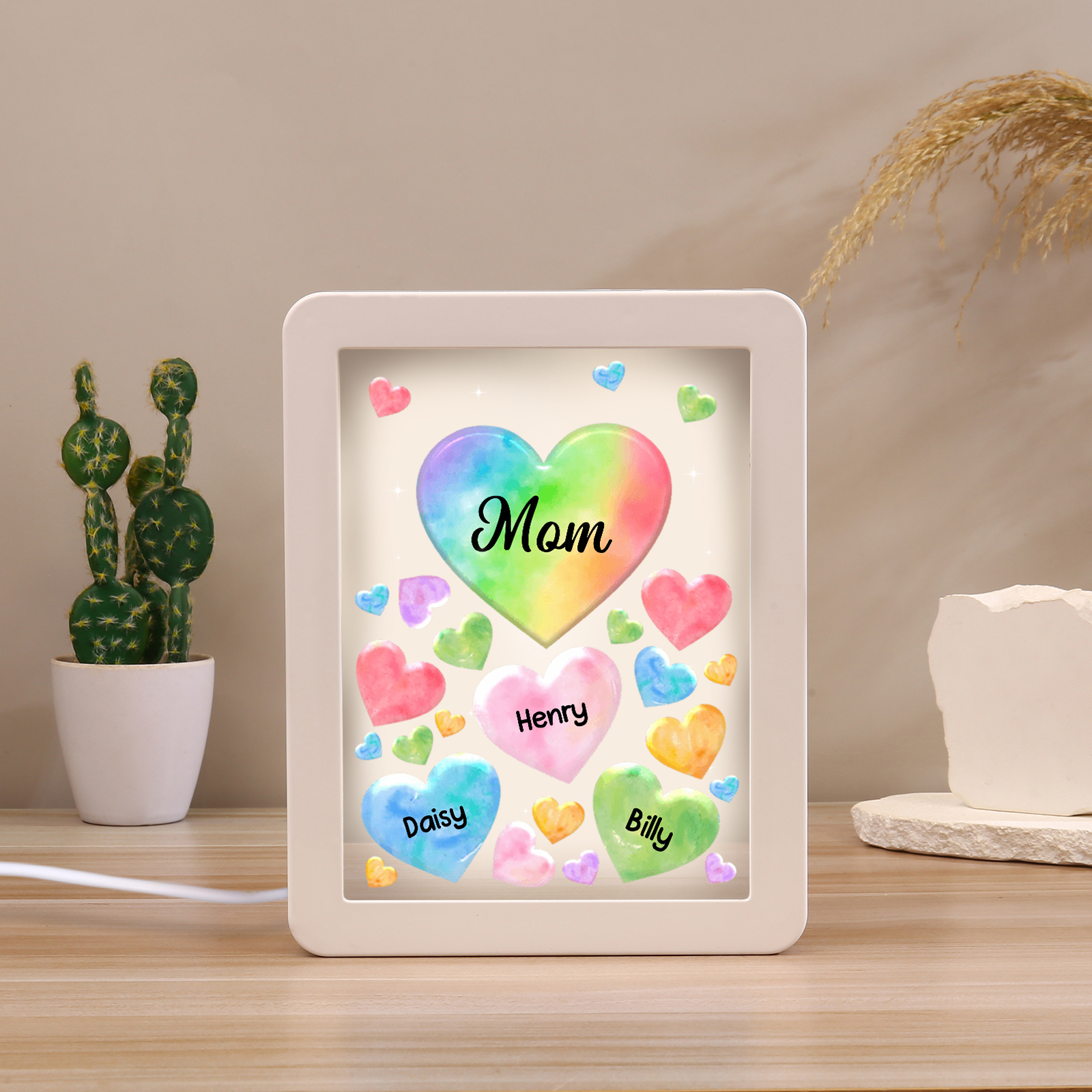 Personalised Night Light Mirror Frame Custom 1 Text & 3 Names Colourful Hearts Family LED Lamp Gift for Grandma/Mother-Jessemade AU
