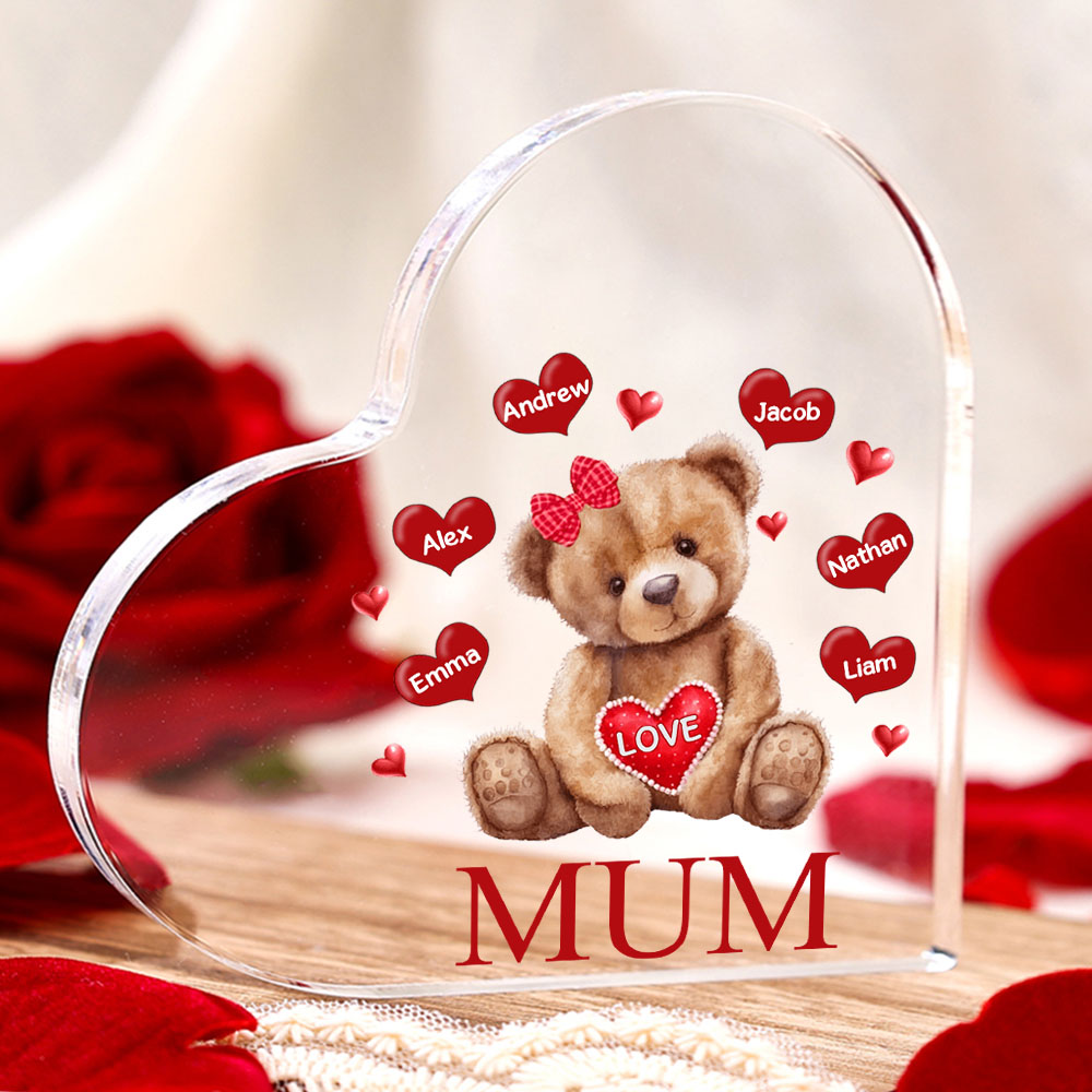6 Names - Personalised Acrylic Heart Keepsake Custom 2 Texts Teddy Bear Ornaments Gifts for Grandma/Mother-Jessemade AU