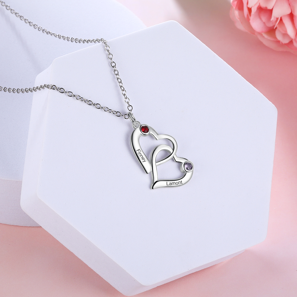 Personalised Heart Necklace With 2 Birthstones Engraved 2 Names Mother Necklace Gifts for Her-Jessemade AU