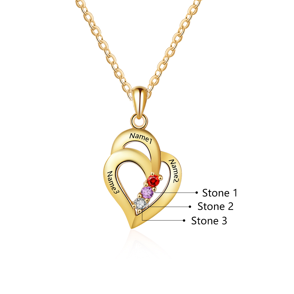 Personalised Heart Necklace With 3 Birthstones Engraved Names Gift For Her-Jessemade AU