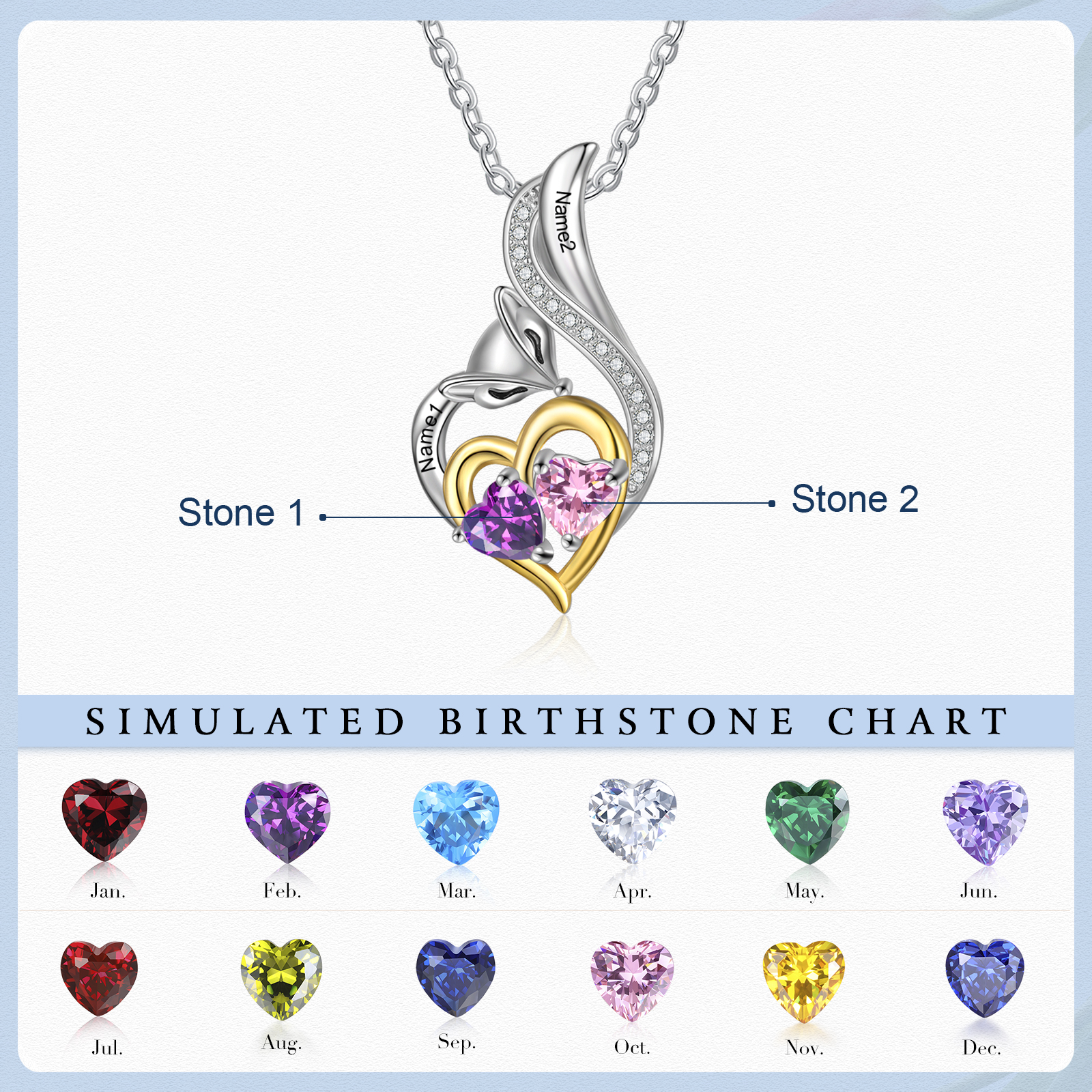 Personalised Heart Fox Necklace with Birthstone Engraved Name Gifts for Her-Jessemade AU
