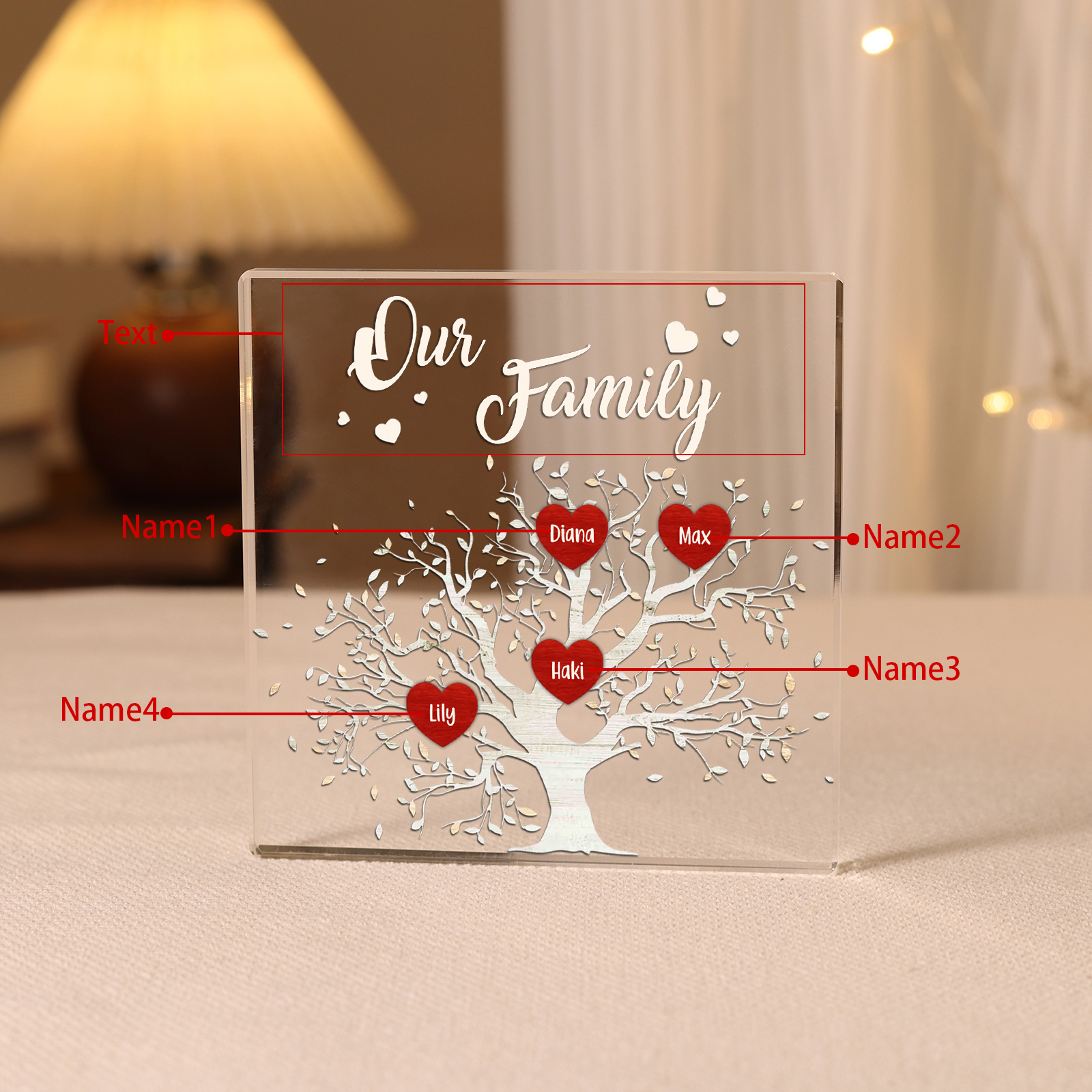 Personalised 4 Names & 1 Text Acrylic Square Keepsake Family Tree Rectangle Plaque Father's Day Gifts for Dad/Mom-Jessemade AU