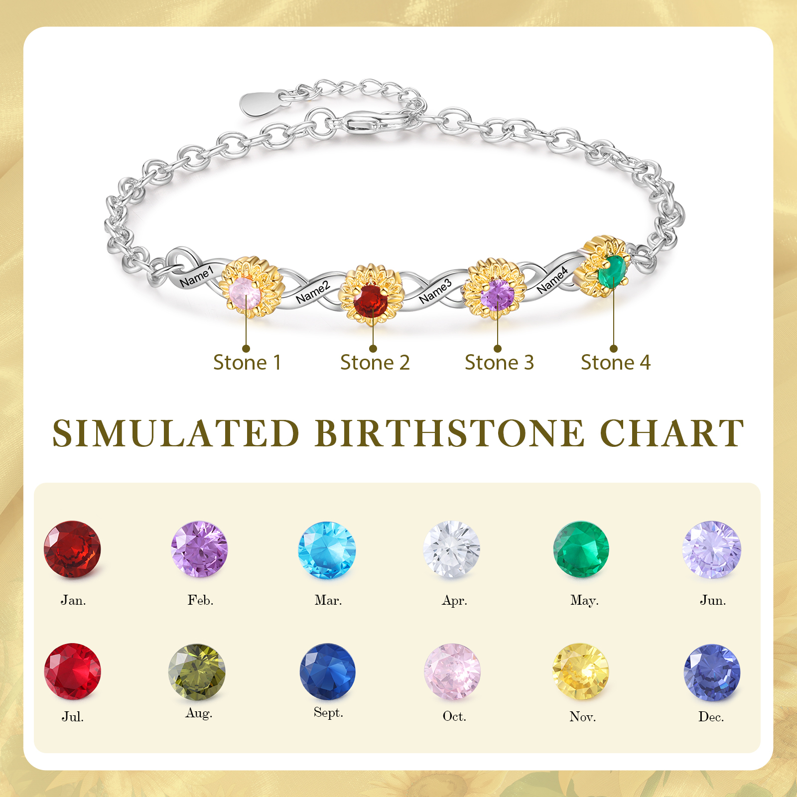 Personalised Women's Bracelet Custom 4 Birthstones & 4 Names Infinity Bracelet Birthday Gift for Her-Jessemade AU