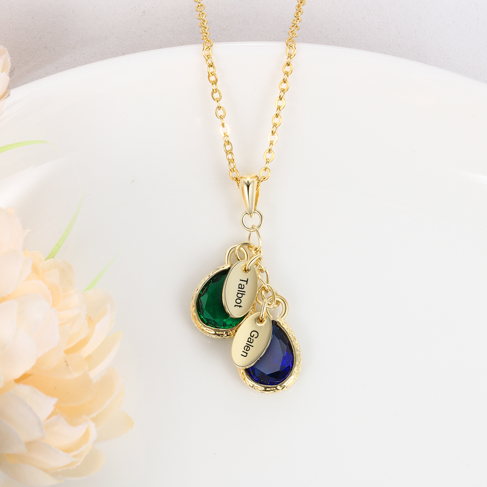Personalised Leaf Necklace With 2 Birthstones Engraved Names Gift For Mother-Jessemade AU