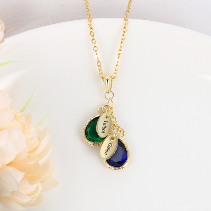 Personalised Leaf Necklace With 2 Birthstones Engraved Names Gift For Mother-Jessemade AU