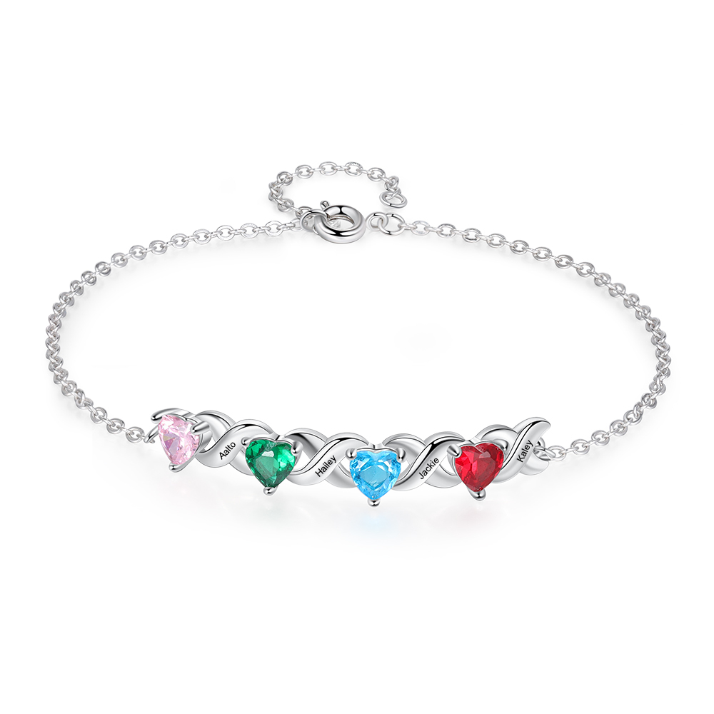 Personalised Bracelet With 4 Heart Birthstones Engraved Names Bracelet Gift For Women-Jessemade AU
