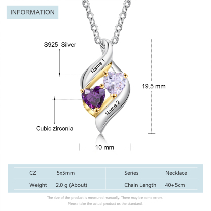 Personalised S925 Necklace With 2 Heart Birthstones Engraved Names Gift For Her-Jessemade AU