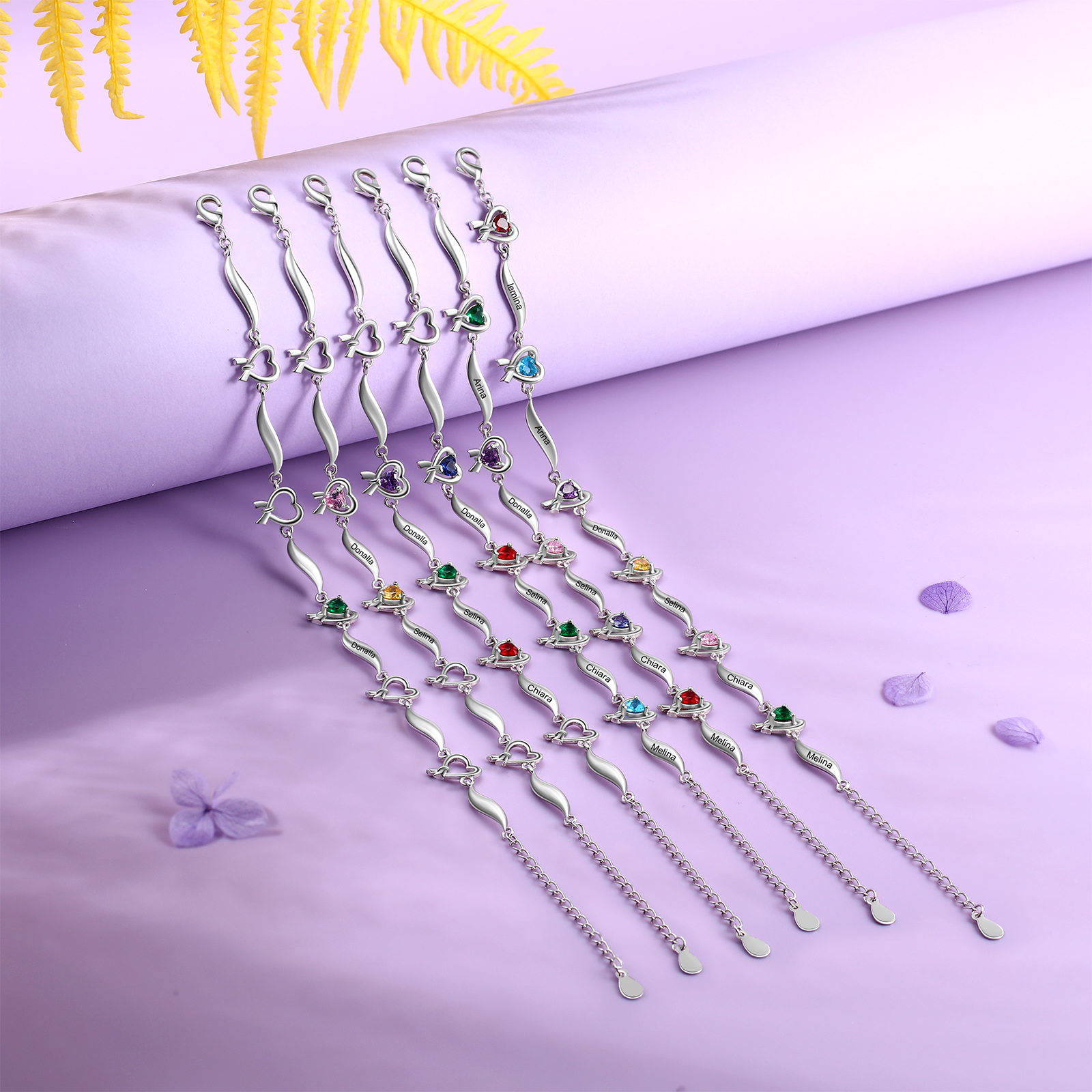 Personalised Heart Bracelet with 6 Birthstones Engraved Names Bracelet Gifts For Her-Jessemade AU