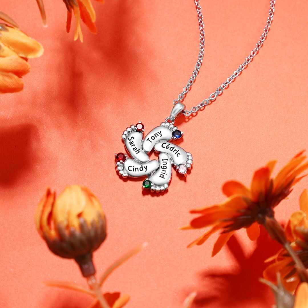 Personalised Baby Feet Necklace With 1 Birthstone Engraved Names Gift For Mother-Jessemade AU