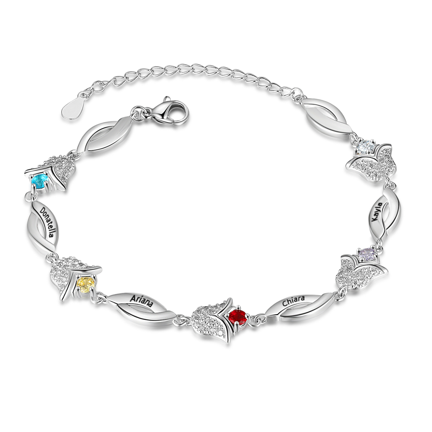 Flowers Series Personalised Tulip Bracelet With 4 Birthstone Engraved Names Flowers Charm Gifts For Her-Jessemade AU