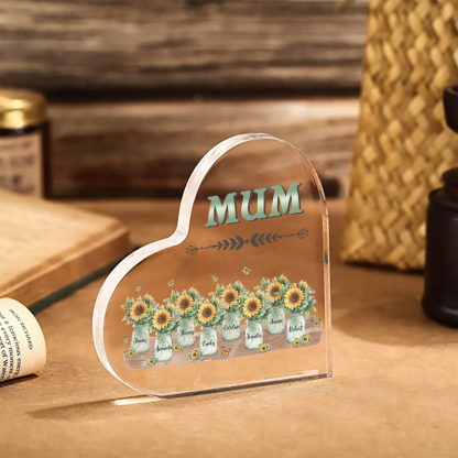 Personalised Acrylic Heart Keepsake Custom 8 Names & 1 Text Sunflower Vase Ornament Gifts for Mother/Grandma-Jessemade AU
