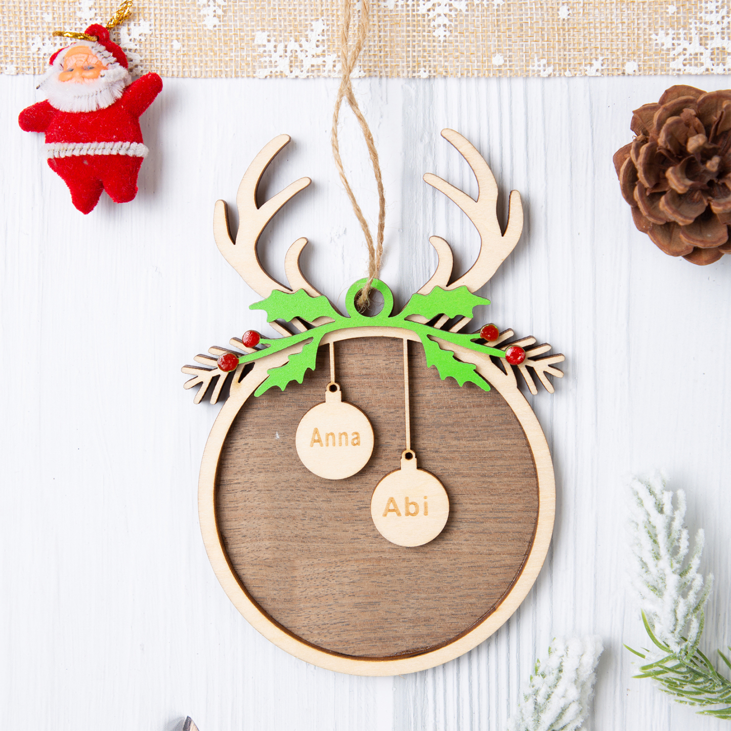 Personalised Christmas Family Ornament Custom 2 Names Reindeer Layered Wood Christmas Ornament-Jessemade AU