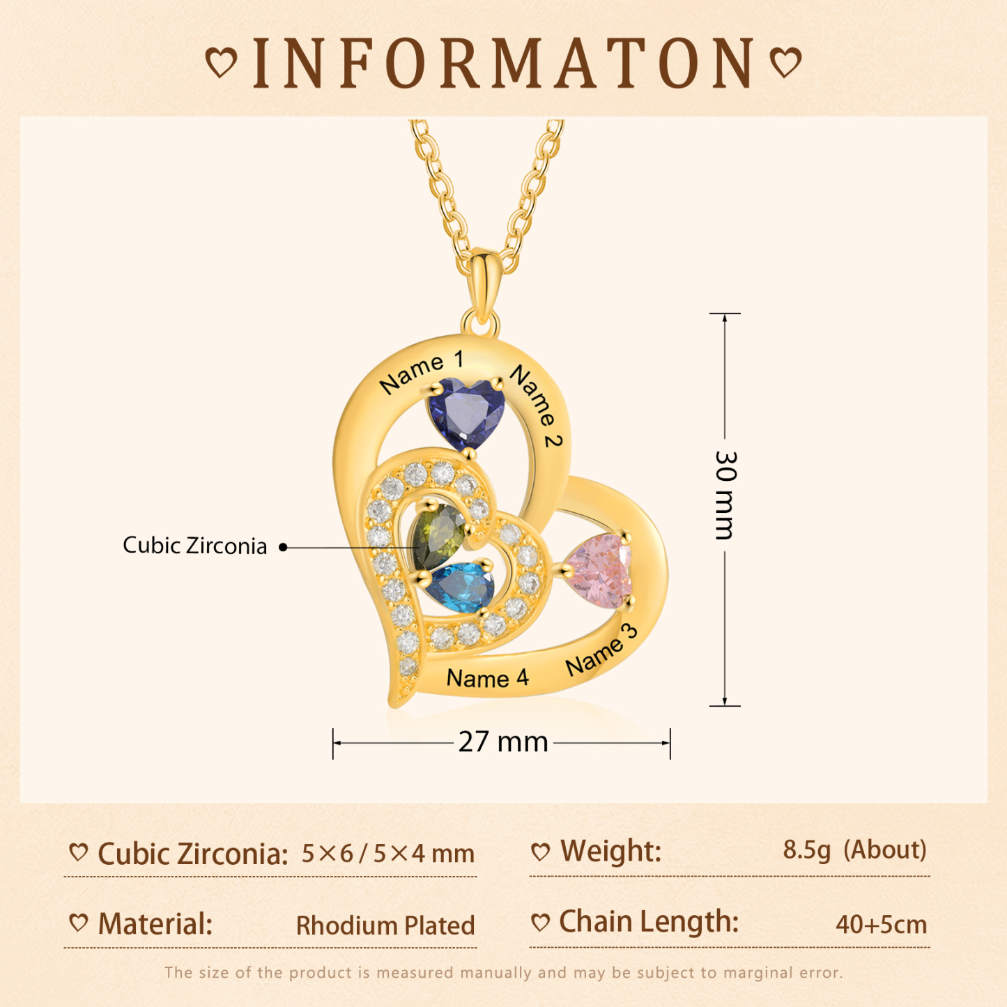 4 Names - Personalised Heart Pendant Necklace Customised Names & Birthstones Necklace Birthday Gift for Her-Jessemade AU