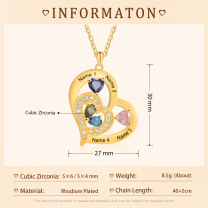 4 Names - Personalised Heart Pendant Necklace Customised Names & Birthstones Necklace Birthday Gift for Her-Jessemade AU