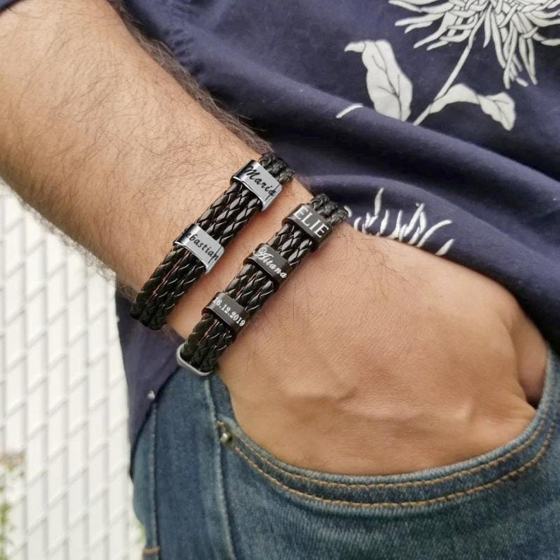 Personalised Braided Leather Bracelet Engraved 5 Names Men's Bracelet Gifts For Him-Jessemade AU