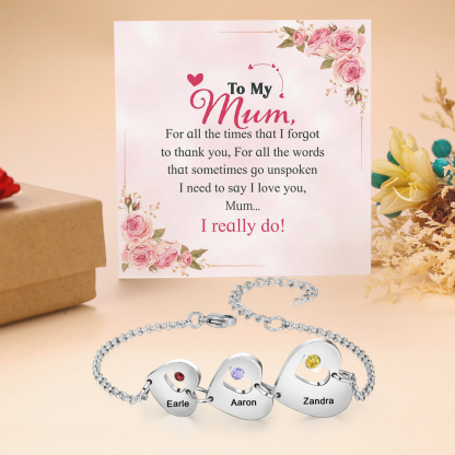 Personalised Heart Bracelet with Birthstones Custom 3 Names Family Bracelet Gifts for Her-Jessemade AU