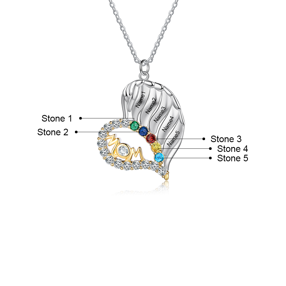 Personalised Heart Necklace With 5 Birthstones Engraved Names Gift For Mother-Jessemade AU