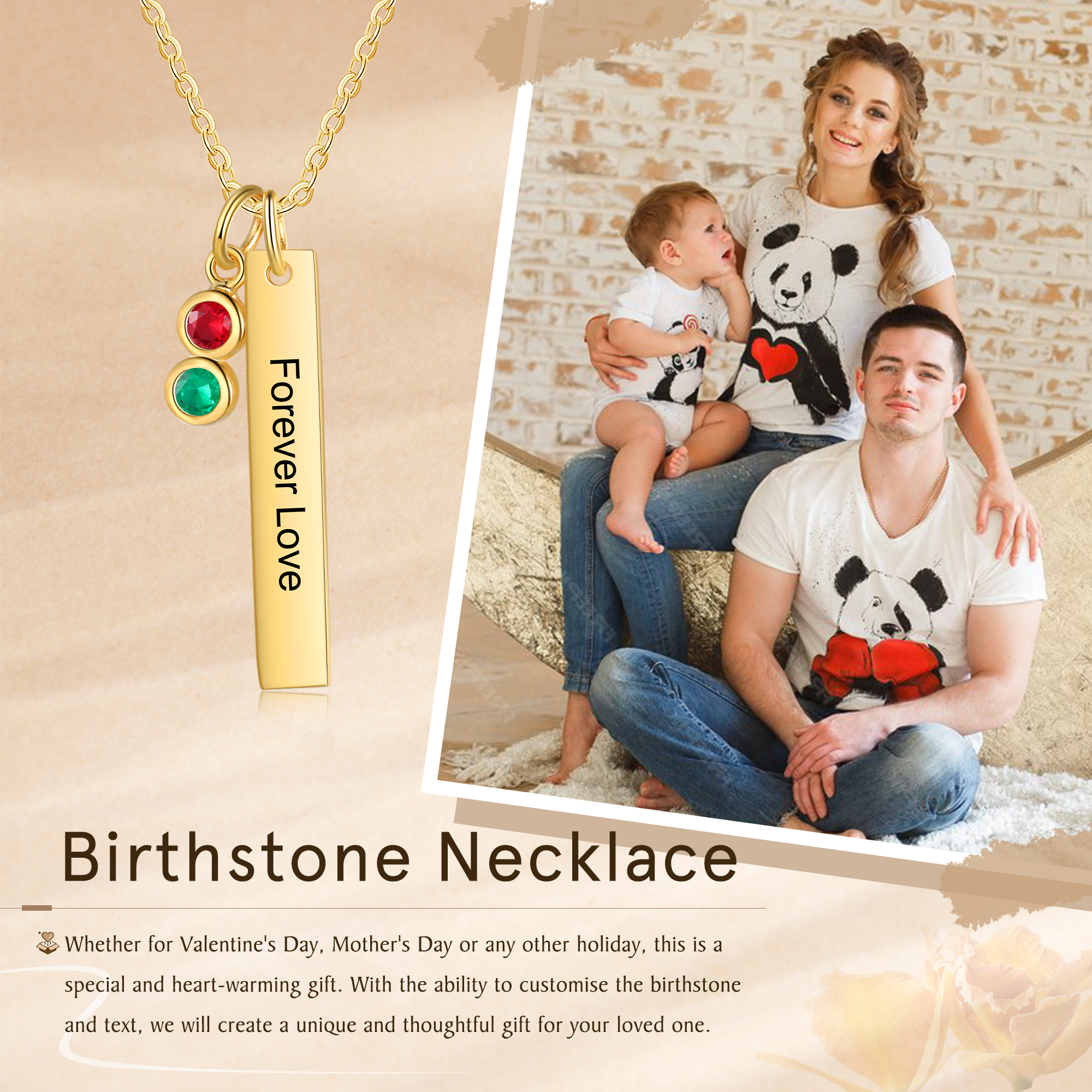Personalised Bar Pendant Necklace Custom 2 Birthstones & 1 Text Necklace Birthday Gift for Her-Jessemade AU