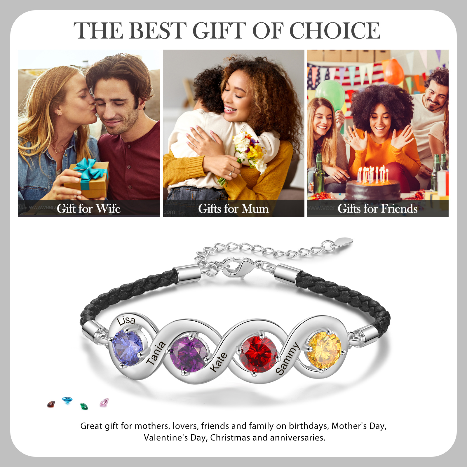 Personalised Infinity Bracelets Custom 4 Birthstones & 4 Names Adjustable Bracelet Gift for Her-Jessemade AU