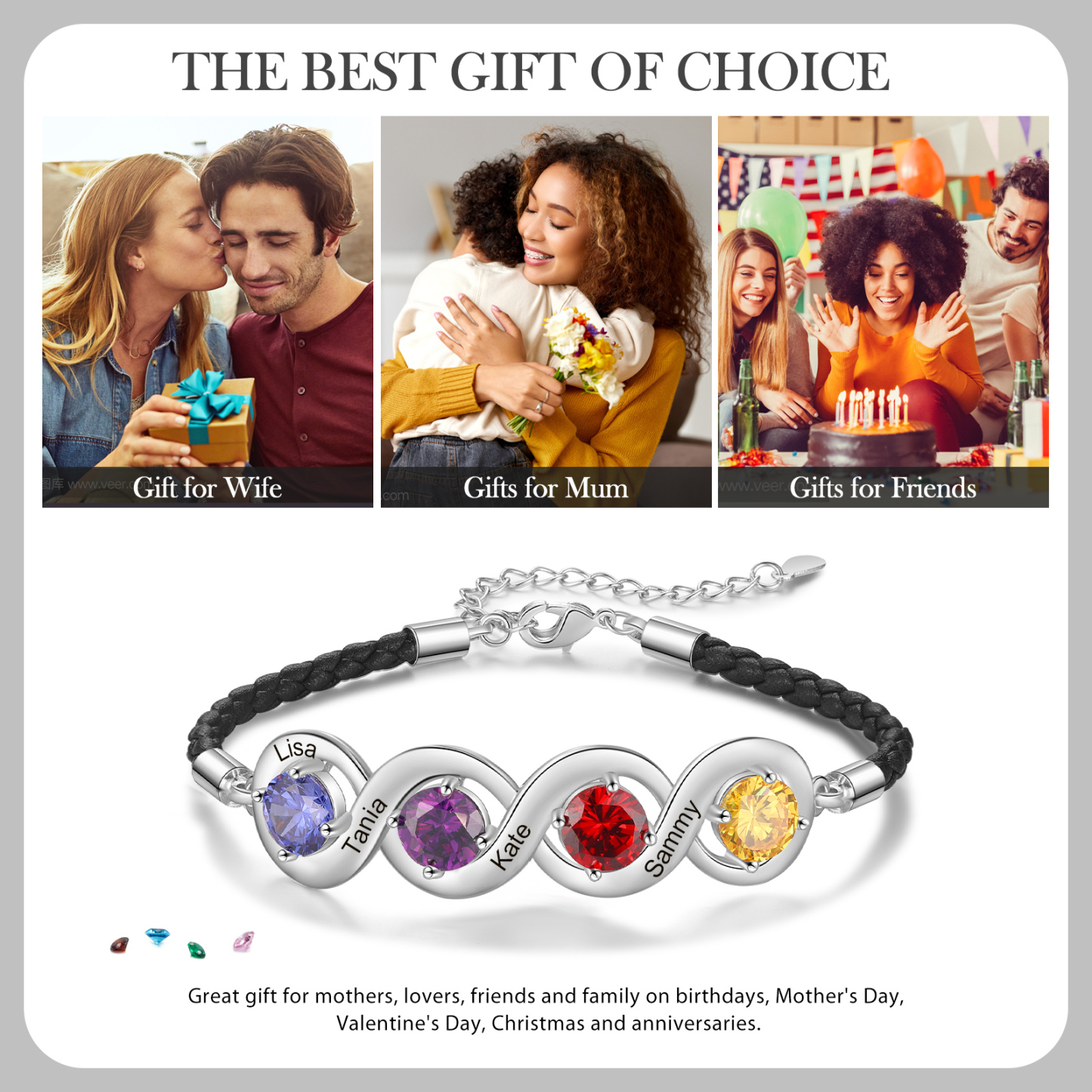 Personalised Infinity Bracelets Custom 4 Birthstones & 4 Names Adjustable Bracelet Gift for Her-Jessemade AU