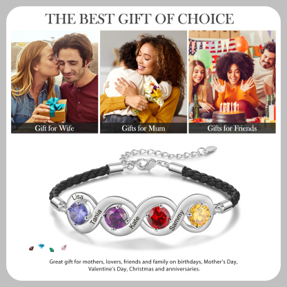 Personalised Infinity Bracelets Custom 4 Birthstones & 4 Names Adjustable Bracelet Gift for Her-Jessemade AU
