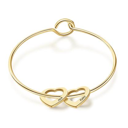Children Bangle Bracelet with 2 Heart Pendants Engraved 2 Names Gifts-Jessemade AU