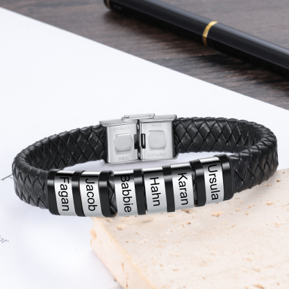 Men Leather Braided Bracelet Personalised with 6 Names Black-Jessemade AU