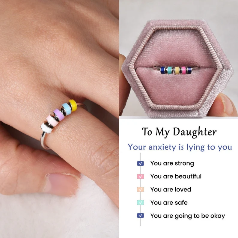 For Daughter-S925 Colourful Beads Fidget Ring Anxiety Spinning Ring" Your anxiety is lying to you"-Jessemade AU
