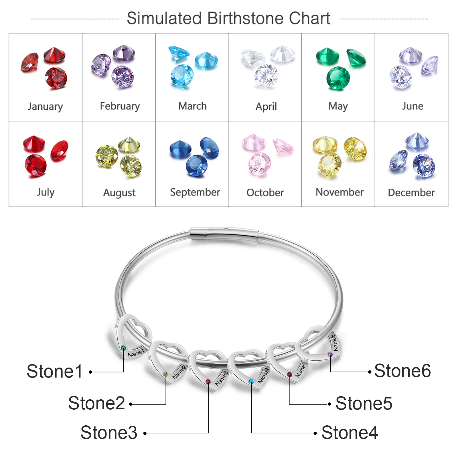 6 Names - Personalised Heart Bracelet with 6 Birthstones Custom Name & Birthstone Bracelet Gift for Her-Jessemade AU