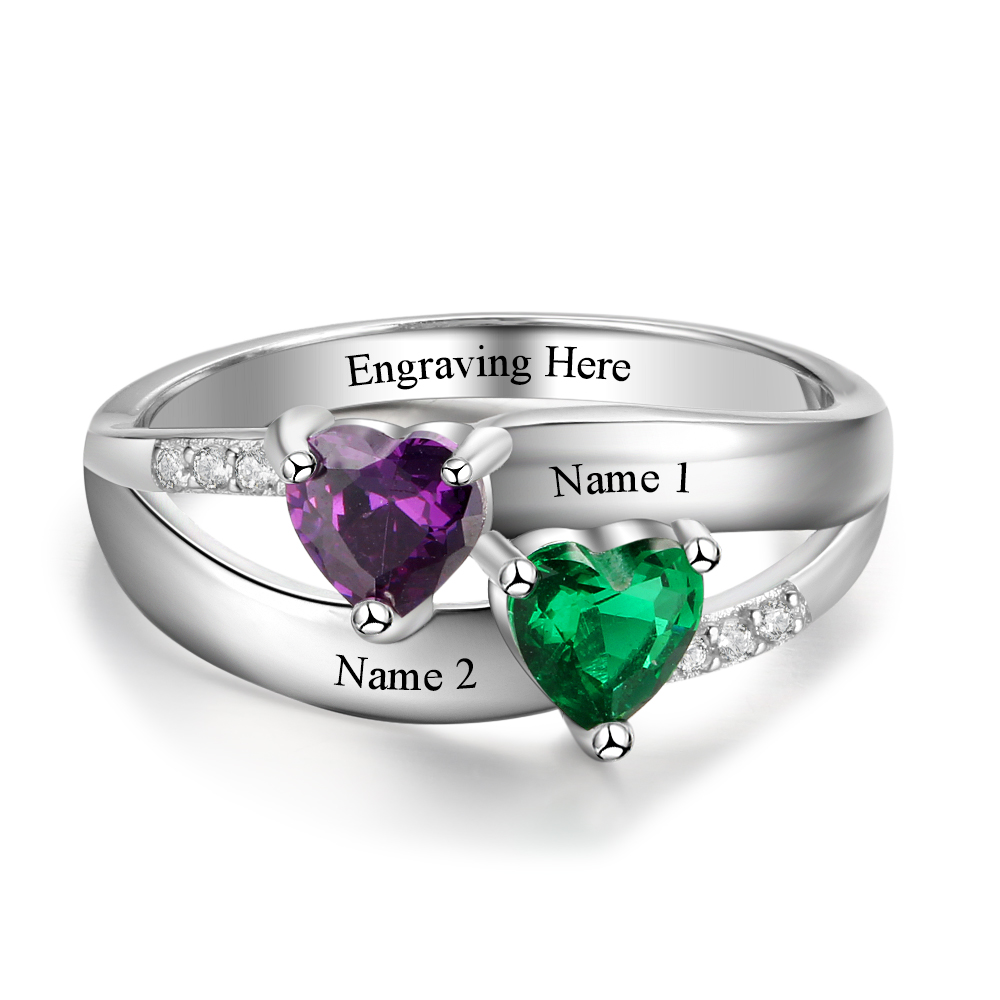 Personalised Ring With 2 Birthstones Engraved Names Ring Gift For Women-Jessemade AU