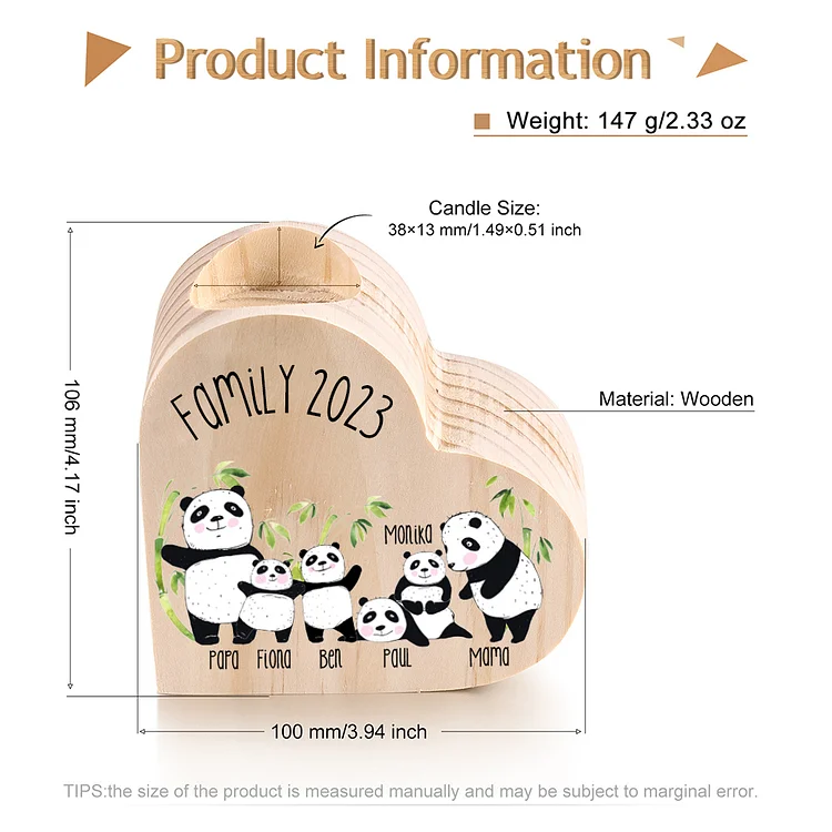 Family Panda Heart Candle Holder Personalised Wooden Candlestick Custom 6 Names-Jessemade AU