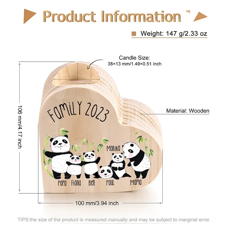 Family Panda Heart Candle Holder Personalised Wooden Candlestick Custom 6 Names-Jessemade AU