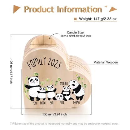 Family Panda Heart Candle Holder Personalised Wooden Candlestick Custom 6 Names-Jessemade AU