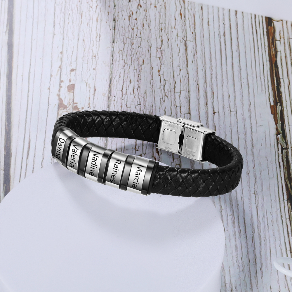 Men Leather Braided Bracelet Personalised with 5 Names 5 Beads Gift For Father's Day-Jessemade AU
