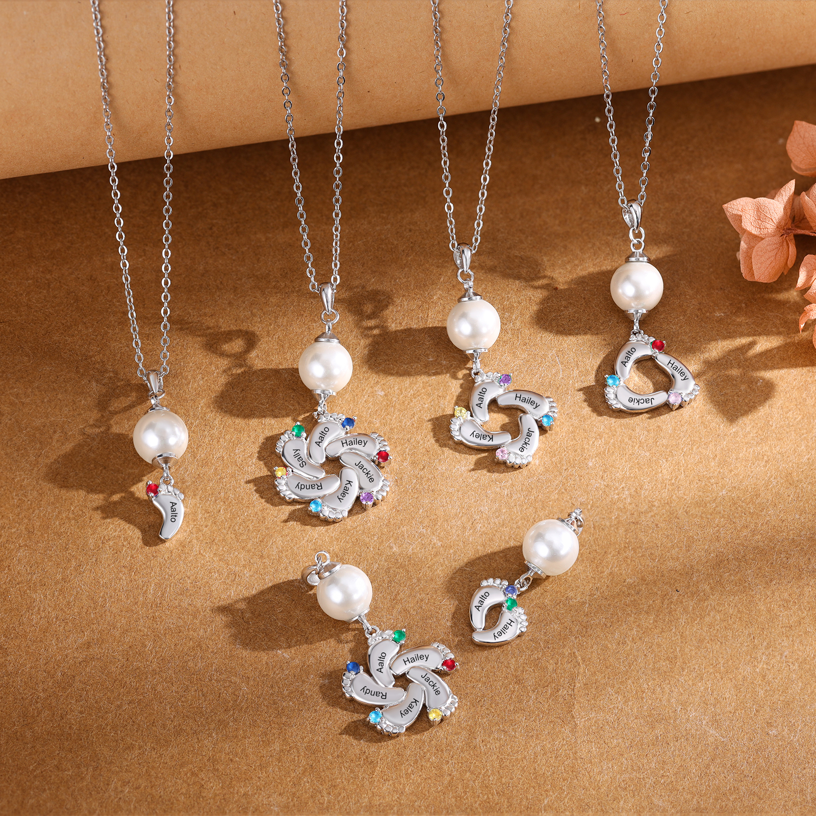Personalised Baby Feet Pearl Necklace Custom 6 Names & Birthstones Mother Necklace-Jessemade AU