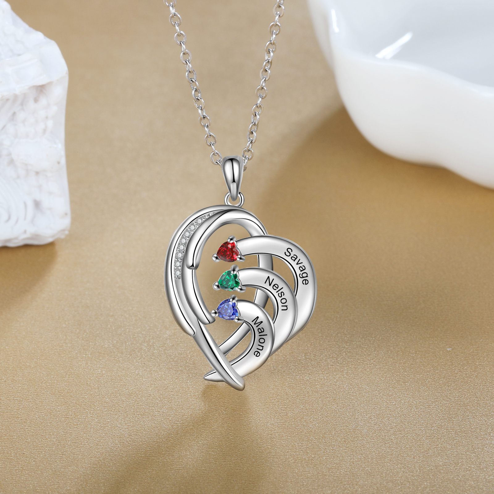 Personalised Heart Wings Necklace With 3 Birthstones Custom Names Necklace Gift For Her-Jessemade AU