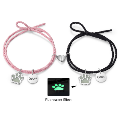 Personalised Couple Bracelets Engraved 2 Names Dog Paw Fluorescent Bracelet Magnetic Bracelet Gifts For Him/Her-Jessemade AU