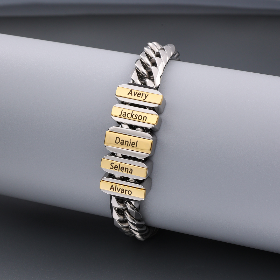 Personalised Mens Cuban Link Chain Bracelet Engraved Name 1 Bead Father's Day Gift